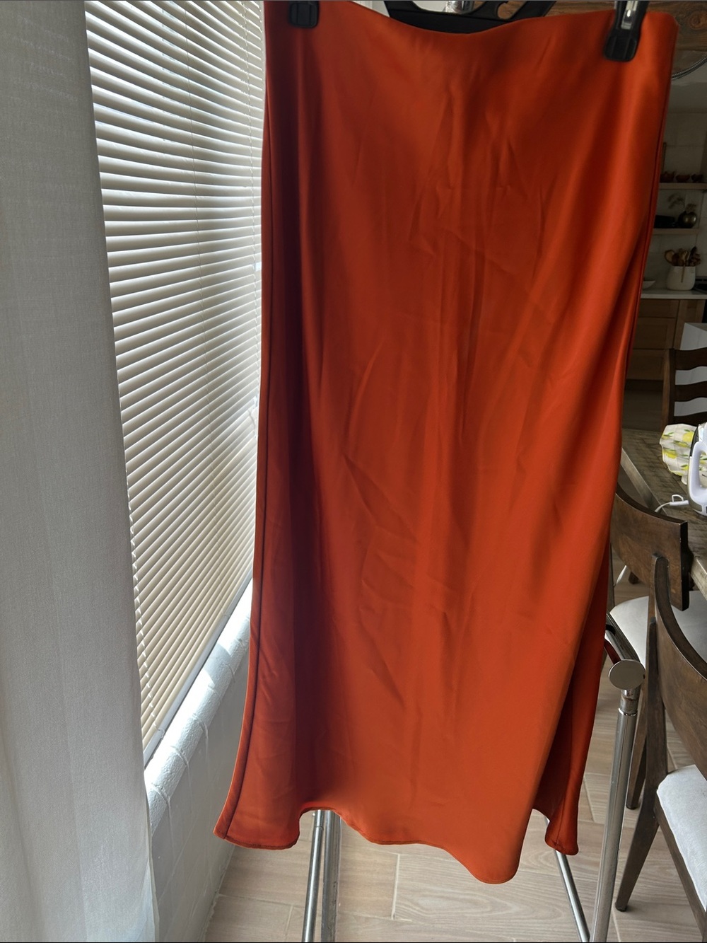 Women's Burnt Orange Satin Midi Skirt - Sleek A-Line